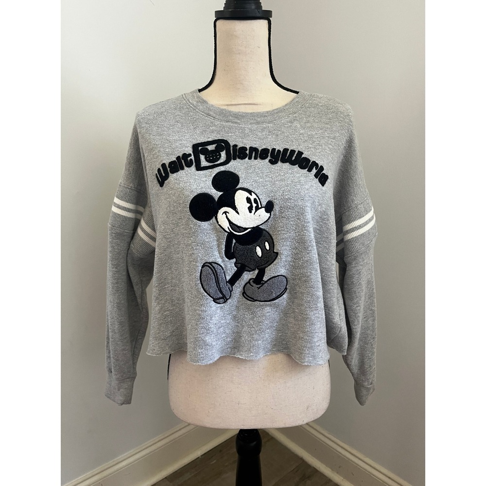 Disney Mickey Mouse Cropped Sweatshirt XS Gray Oversized Y2K Retro Casual Preppy
